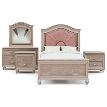 FOA Devado 6pc Rose Gold Wood Bed Set-Full+2 Nightstands+Chest+Dresser+Mirror