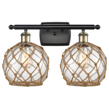Farmhouse 2-Light Bath Vanity-Light, Black Brass, Clear Glass With Brown Rope