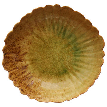 Round Stoneware Platter With Scalloped Edge and Reactive Crackle Glaze, Green