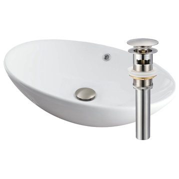 Bianco Uovo Contemporary White Porcelain Vessel Sink with Overflow and Drain, Brushed Nickel