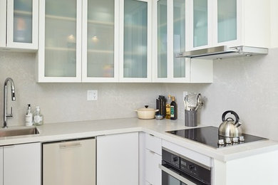 Inspiration for a small modern l-shaped kitchen pantry remodel in Vancouver with glass-front cabinets and white cabinets