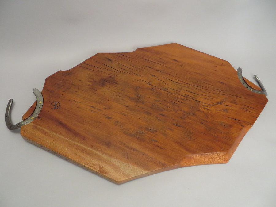 #15050 Rear Detail: Hand-Carved Serving Tray. Reclaimed Elm Threshing Floor & Ho