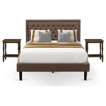 3Pc Queen Bed Set, 1 Queen Platform Bed Frame Brown Padded, 2 Small Nightstand