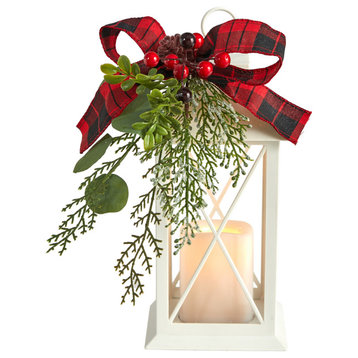 12" Holiday White Lantern W/ Berries, Pine & Bow Faux Arrangement W/LED Candle