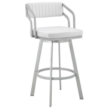 Capri 30" Swivel White Faux Leather and Silver Metal Bar Stool