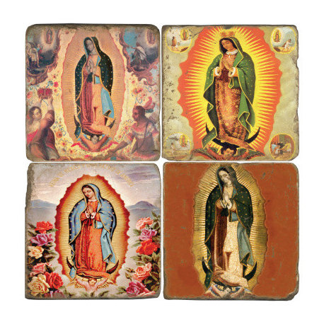 Tumbled Marble Coaster St/4 With Coaster Stand, Virgin Of Guadalupe