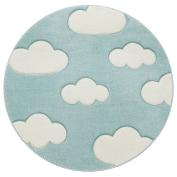 Kids Rug With Charming Clouds, Pastel Blue, 6'7" Round