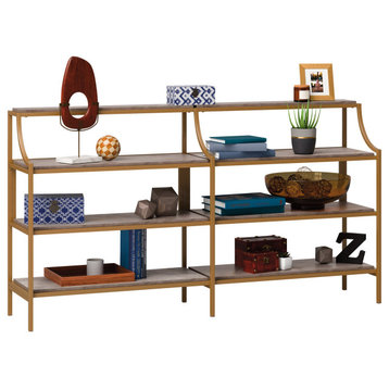 Modern Console Table, Golden Metal Frame With Faux Stone Top & Multiple Shelves