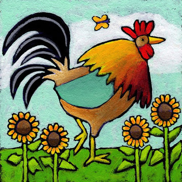"Rooster with Sunflowers" by Janet Nelson Print Wrapped Canvas, 32x32