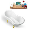 62" White Clawfoot Tub and Tray, Gold Feet, Chrome Internal Drain