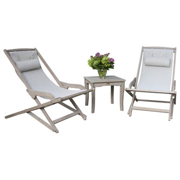 3-Piece Gray Wash Eucalyptus Folding Swing Lounger Set With Accent Table