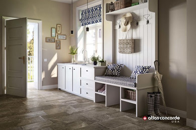 Inspiration for a mid-sized country porcelain tile mudroom remodel