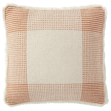 18"x18" Fringed Geometric Woven Plaid Throw Pillow, Natural/Rust, No Fill