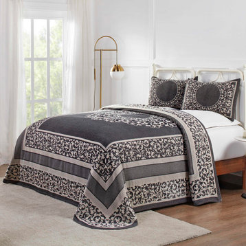 Lyron Jacquard Boho Bedspread and Pillow Sham Set, Charcoal, Full