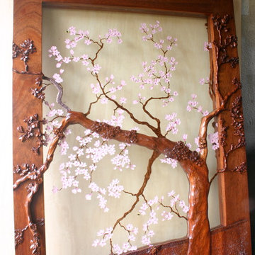 Entryway with Carved Cherry Tree and Art Glass Cherry Blossoms