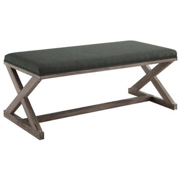 Percy Gray Vintage French X-Brace Upholstered Fabric Bench