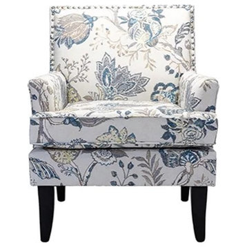 Classic Accent Chair, Padded Seat With Low Arms & Nailhead, Blue Floral