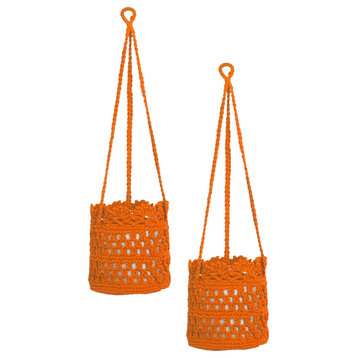 Modé Crochet 6" x 6" x 6" Hanging Baskets (Set of 2), Orange