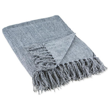 DII 60x50" Modern Fabric Chenille Throw with Decorative Fringe in Denim Blue