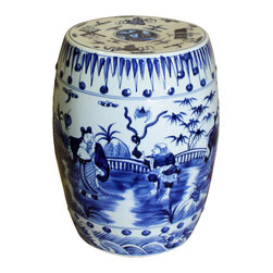 Chinese Blue & White Porcelain Round People Theme Stool - Side Tables And End Tables
