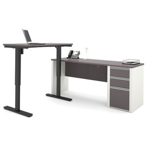 Bestar Pro Linea L Desk With Hutch White And Bark Gray