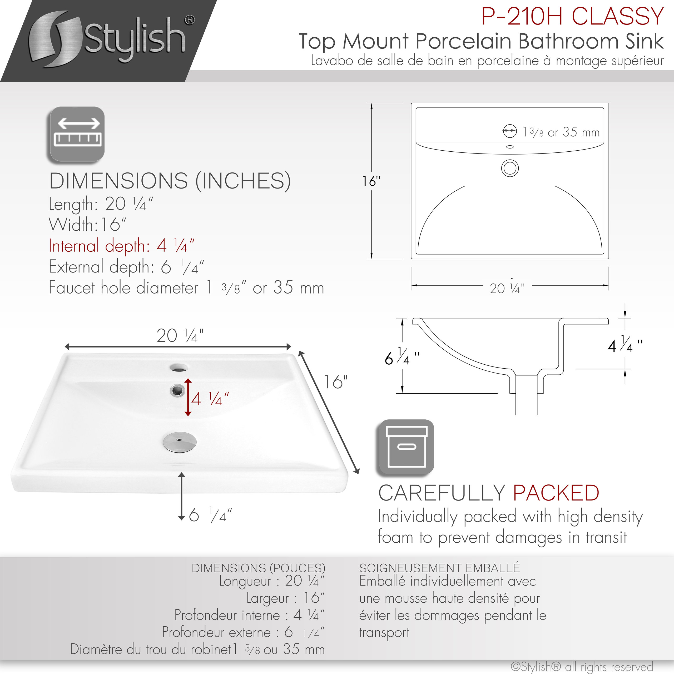 STYLISH 19 3/4'' Rectangular Undermount Porcelain Bathroom Sink Two Overflow