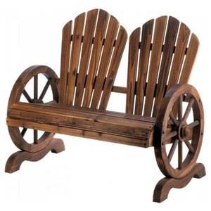 Rustic Wooden Wagon Wheel Design Junior Outdoor Bench/Loveseat Chair - Farmhouse - Outdoor 