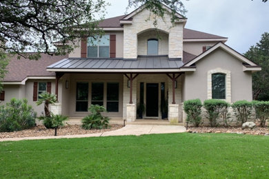 Inspiration for a huge contemporary laminate floor and brown floor eat-in kitchen remodel with an undermount sink, raised-panel cabinets, white cabinets, granite countertops, blue backsplash, granite backsplash, stainless steel appliances, an island and blue countertops