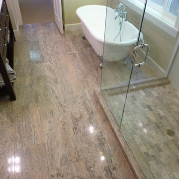 Silver 12x24 Vein Cut Travertine Master Bath & Silver Tumbled Mosaic Shower Pan