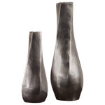 Uttermost - Noa Vases, Set of 2 - Set of two, cast aluminum vases feature a subtle twist design and finished in an antiqued nickel. Sizes: Sm-4x13x4, Lg-6x18x6