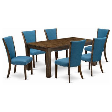7-Piece Set, 6 Chairs and Table, Blue Linen Fabric Seat Chair-Jacobean