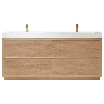 Huesca 72" Double Sink Bathroom Vanity Natural Oak Wood White Top No Mirror