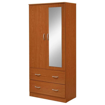 Hodedah 2 Door Armoire with 2 Drawers Clothing Rod and Mirror in Cherry Wood