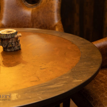 Custom Round Wood Table with Aged Copper Metal Inlay
