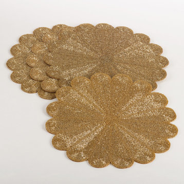 Flower Design Beaded Placemat, Set of 4, Gold