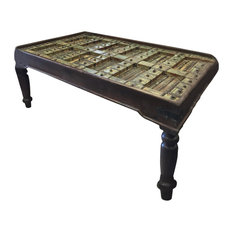 Mogul Interior - Consigned Hand-Carved Antique Doors Dining Table With Iron Nails - Dining Tables