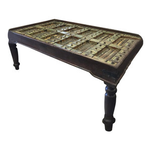 Mogul Interior - Consigned Hand-Carved Antique Doors Dining Table With Iron Nails - Dining Tables