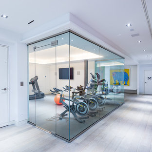 トロントの中サイズのトランジショナルスタイルのおしゃれな多目的ジム (白い壁、リノリウムの床) の写真