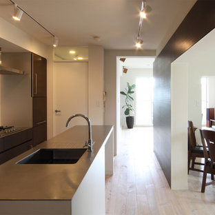 Mid-sized asian kitchen pantry designs - Kitchen pantry - mid-sized asian galley kitchen pantry idea in Osaka with an integrated sink, stainless steel countertops and an island