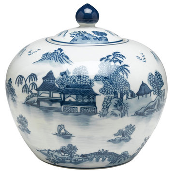 Blue and White Round Jar With Lid