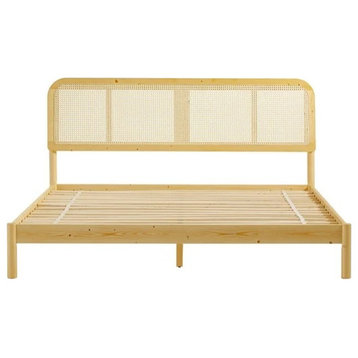 Bohemian Platform Bed, Hardwood Frame With Natural Rattan Headboard, Natural