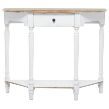 Farmhouse Console Table, Turned Legs & Storage Drawers, Distressed White/Brown
