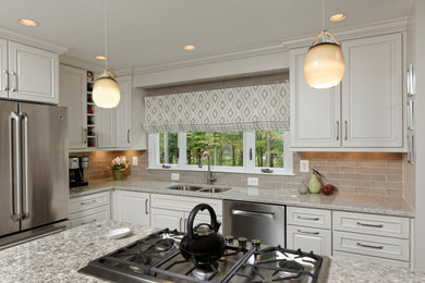 Inspiration for a large transitional eat-in kitchen in DC Metro with white cabinets, with island and beige floor.