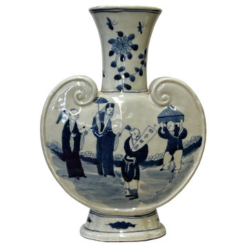 Chinese Blue White Porcelain Ru Yi Flat Body People Theme Vase Hws2996
