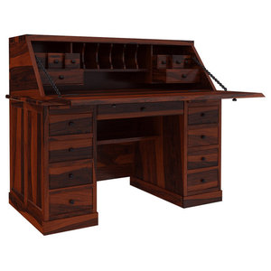 Solid Oak Double Pedestal Desk Locking Tambour Transitional