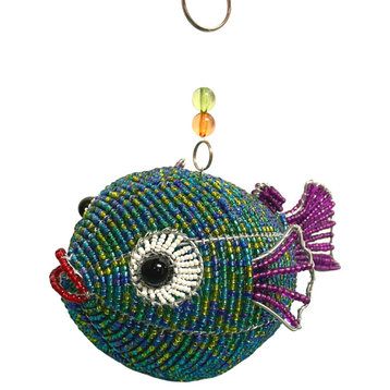 Purple Teal Puffer Blow Fish Ocean Glass Beaded Wire Hanging Sculpture