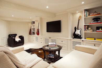 Inspiration for a timeless carpeted and white floor family room remodel in Ottawa with white walls and no fireplace