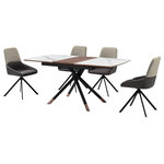 Armen Living - Alora Maverick Extendable 5 Piece Dining Set With Swivel Chairs - The Alora Maverick Extendable 5 Piece Dining Set with Swivel Chairs includes 4 Maverick swivel dining chairs and 1 Alora extendable dining table. The dining room chairs blend crisp lines and sleek details to lend a dose of comfort and style. They feature soft upholstery to serve as a chic and comfortable accent for any room. Elevated upon pyramid-shaped, black metal legs, the kitchen chairs remain an effortless and versatile addition to your home. They feature a tall, scoop-back to provide long-lasting comfort and support, enabling you to sit for long hours. Our dining table chair can serve as a stylish and comfy office chair or provide a comfortable seat in your living room. The Maverick includes a wonderful 180 - degree swivel function to offer maximum mobility and ease with following conversations. The Maverick is upholstered in a soft polyester fabric or UV and stain-resistant faux leather which does not crack or fade easily to provide easy maintenance. The tabletop features a harmonious combination of light gray ceramic with a walnut finished wood accent in its center. Rounded edges attain a soft silhouette, and the metal cross leg base brings a cool touch with the copper caps. This table can easily extend from 51" to 67" to comfortably seat up to six of your closest friends or family members. From a perfect spot to enjoy your casual meals to a luxe place to host your formal dinners, our dining table remains a versatile and stylish addition to your home. The table is expertly crafted to offer durability and easy maintenance. This kitchen dining set is available in 5- or 7-piece set configurations and your choice of two-tone gray fabric or taupe gray faux leather upholstery.