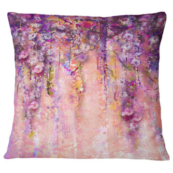 Pink And Violet Flowers Watercolor Floral Throw Pillow, 18"x18"