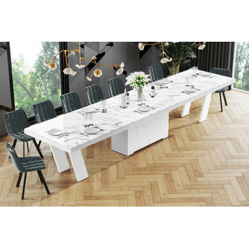Alena Extendable Dining Table, White Marble/White